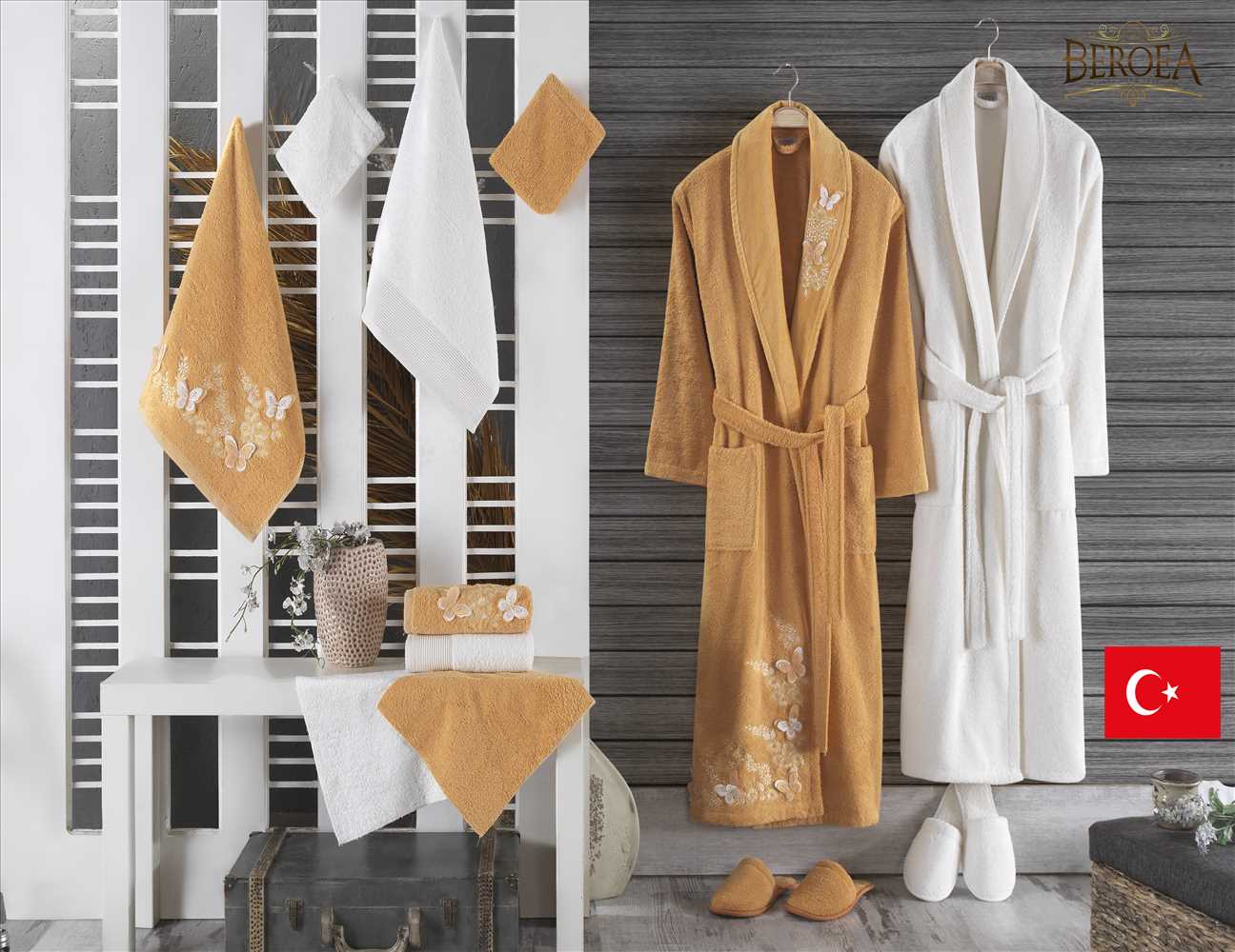 Rafif Bathrobe Set 14 Pcs White & Yellow — box contents