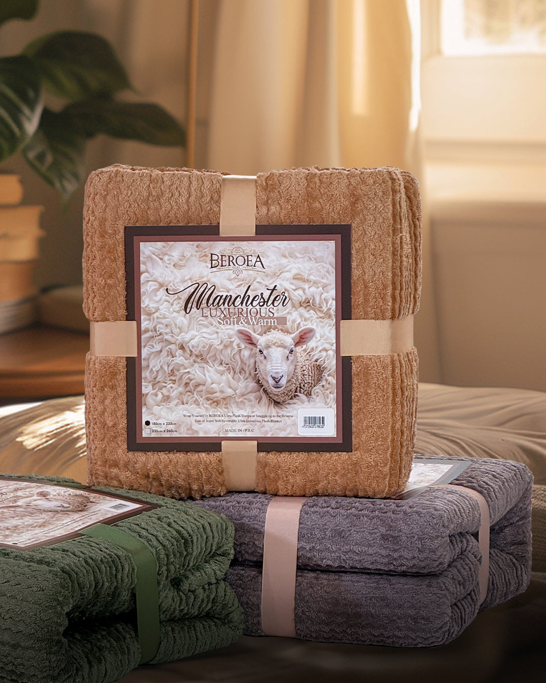 Manchester Tow Face Fur Blanket package ( Brown + Purple + Olive Green) (3pcs)