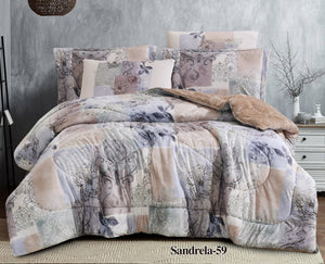 Sandrella Printed Velvet Fur Comforter Set Blue and Beieg Super king size